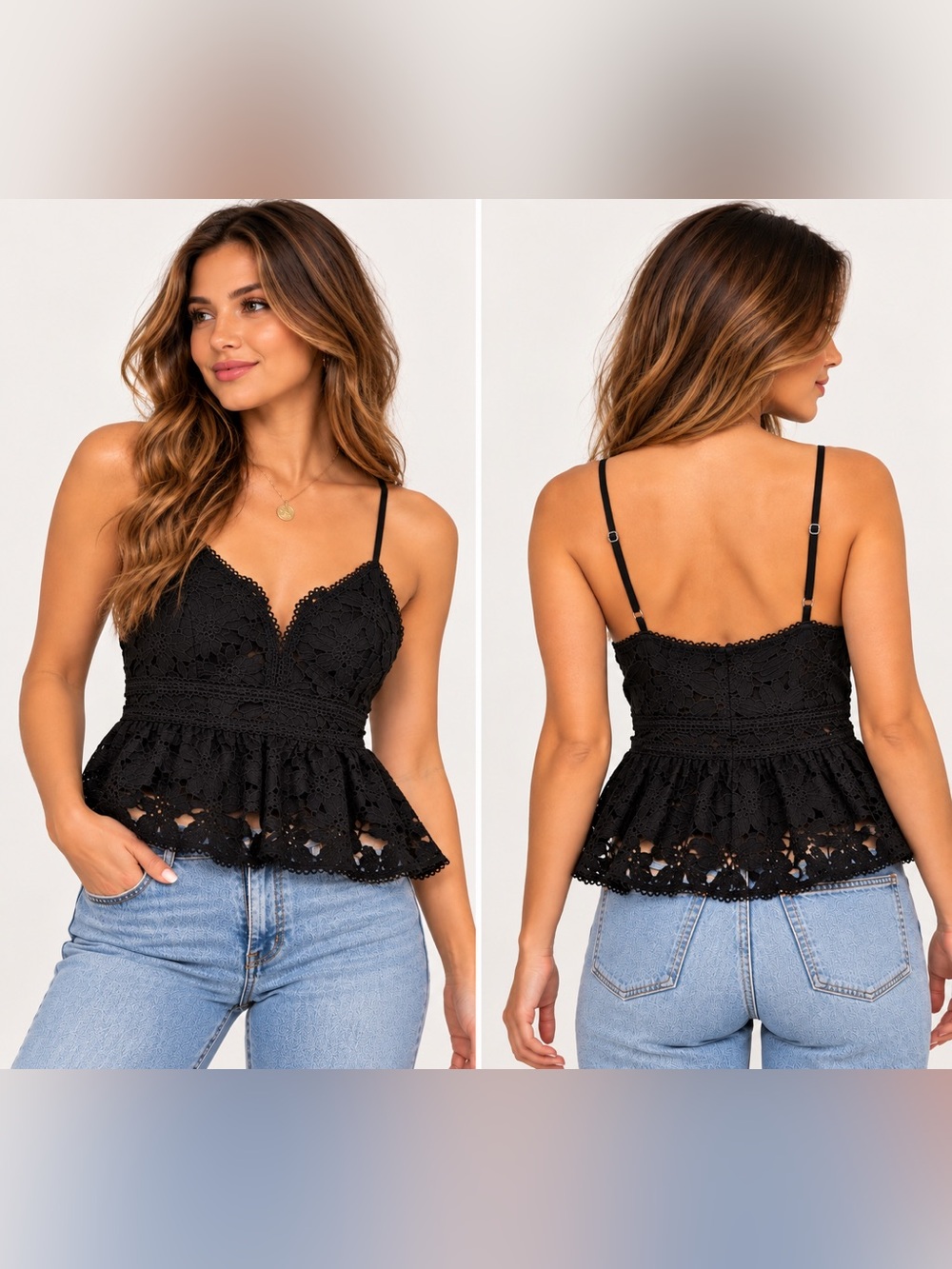 Arula Black Floral Lace Peplum Cami Top Size A